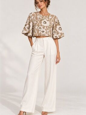 Sabina Musayev Taupe Embroidered Capelet cropped top